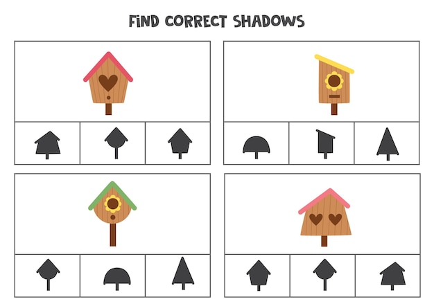 Find correct shadow of birdhouses Printable clip card games for children