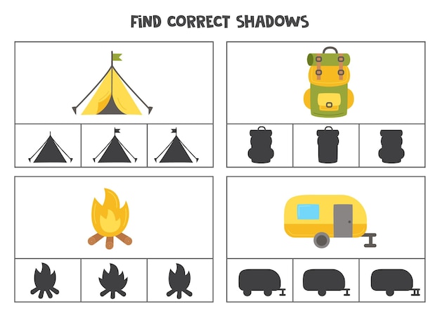 Find correct shadow of camping elements Printable clip card games for children