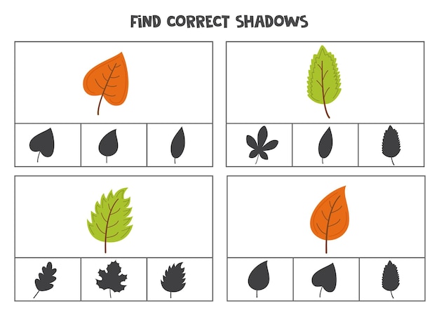 Find correct shadow of cute autumn leaves Printable clip card games for children