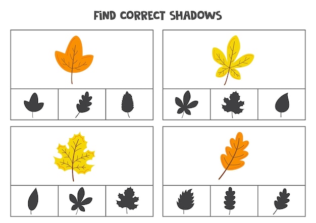 Find correct shadow of cute autumn leaves Printable clip card games for children