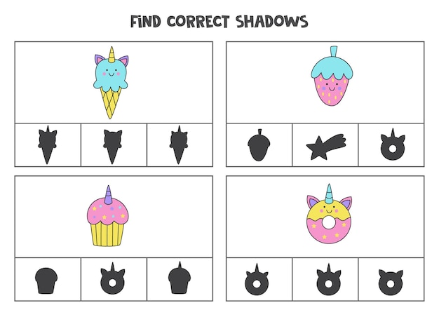 Find correct shadow of cute kawaii pictures Printable clip card games for children