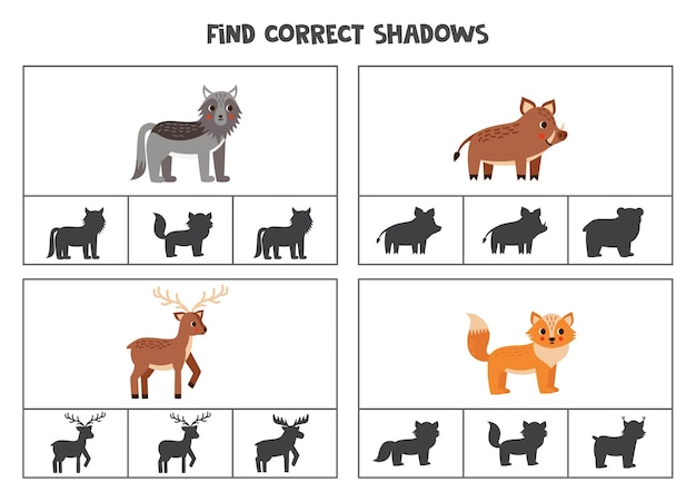 Find correct shadow of cute woodland animals Printable clip card games for children