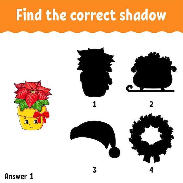 Find the correct shadow. Education developing worksheet. Christmas theme.