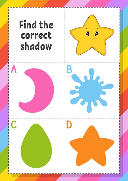 Find the correct shadow Education developing worksheet for kids Puzzle game Activity page cartoon character