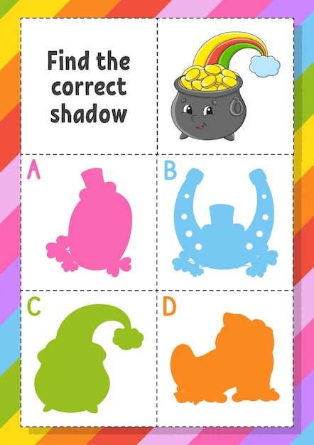 Find the correct shadow Education developing worksheet for kids Puzzle game Vector illustration St Patrick's day