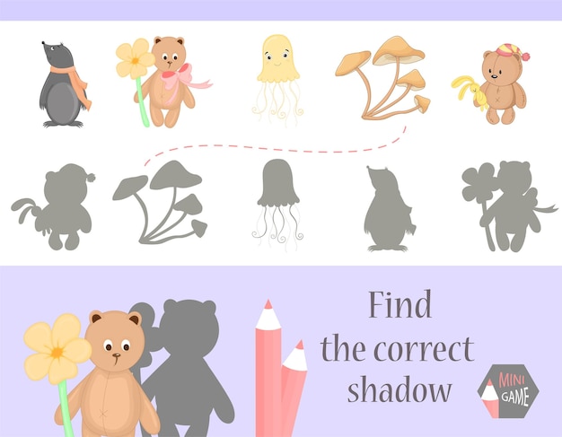 Find the correct shadow education game for children Cute Cartoon animals and Nature vector illustration