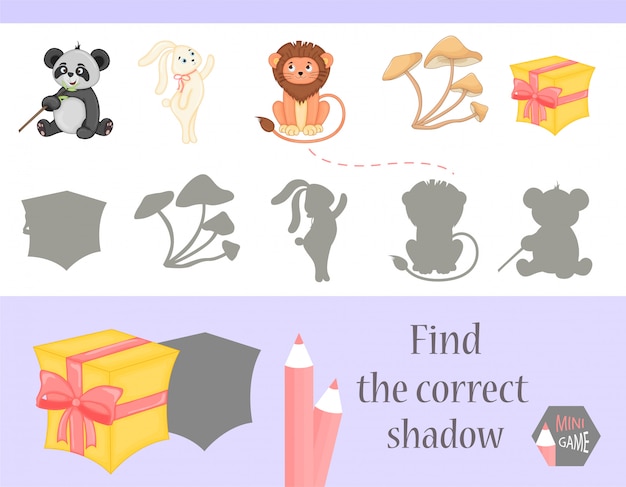 Find the correct shadow, education game for children. Cute Cartoon animals and Nature. 