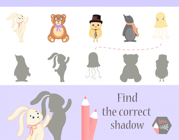 Find the correct shadow, education game for children. Cute Cartoon animals and Nature. 