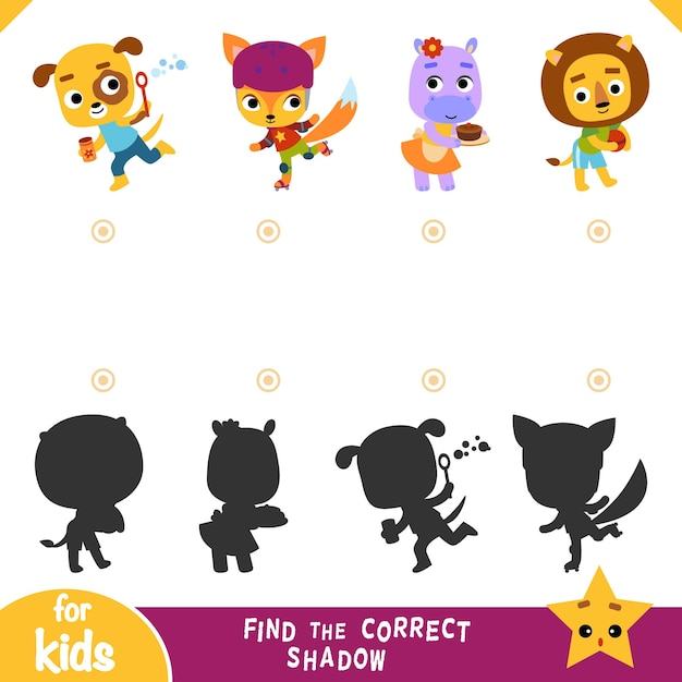 Find the correct shadow education game for children Set of cartoon characters