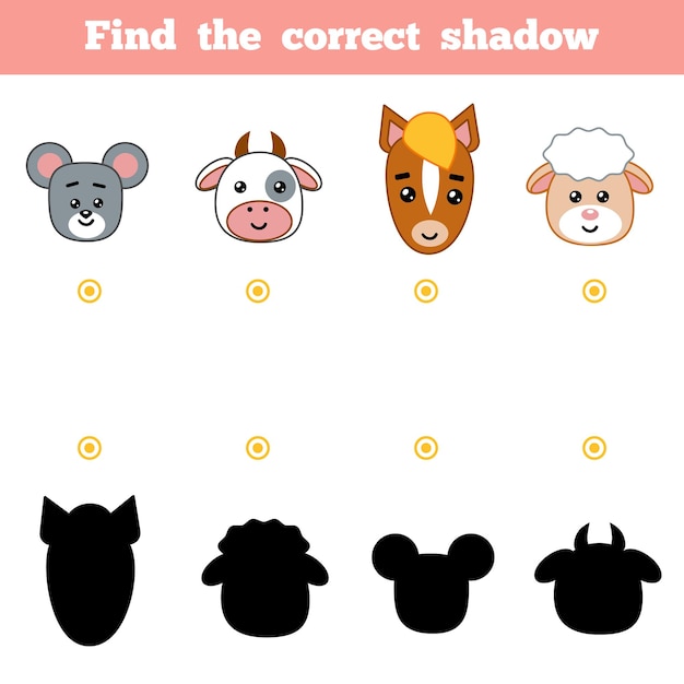 Find the correct shadow, education game for children. Set of cartoon farm animals