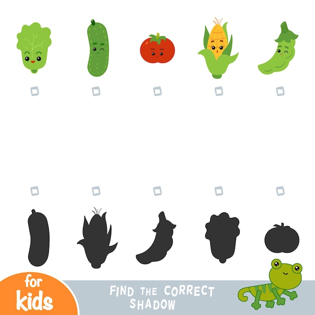 Find the correct shadow education game for children Set of vegetables with funny faces