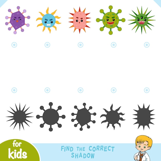 Find the correct shadow education game Set of cute bacteria and virus characters