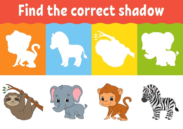 Find the correct shadow. Education worksheet. Matching game for kids.