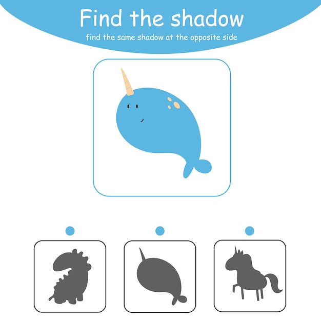 Find the correct shadow. Educational game for children. Cartoon vector illustration. Animals. Narwhal