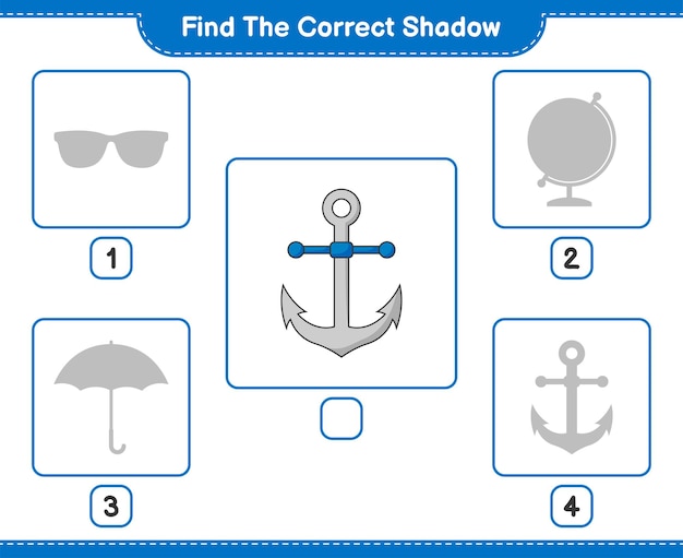 Find the correct shadow. Find and match the correct shadow of Anchor. Educational children game, printable worksheet, vector illustration