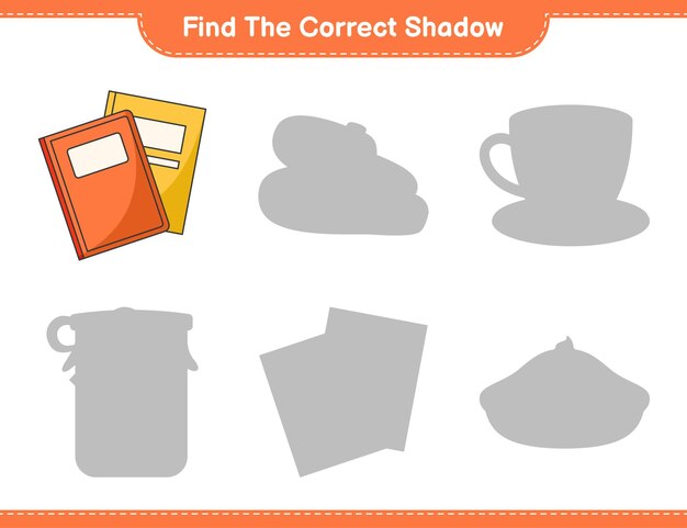 Find the correct shadow. Find and match the correct shadow of Book. Educational children game, printable worksheet, vector illustration