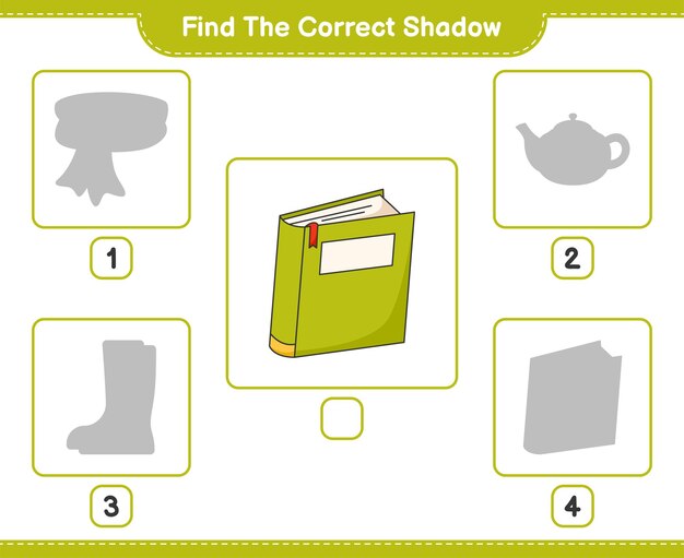 Find the correct shadow. Find and match the correct shadow of Book. Educational children game, printable worksheet, vector illustration