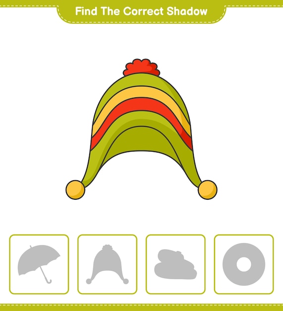 Find the correct shadow. Find and match the correct shadow of Hat. Educational children game, printable worksheet, vector illustration