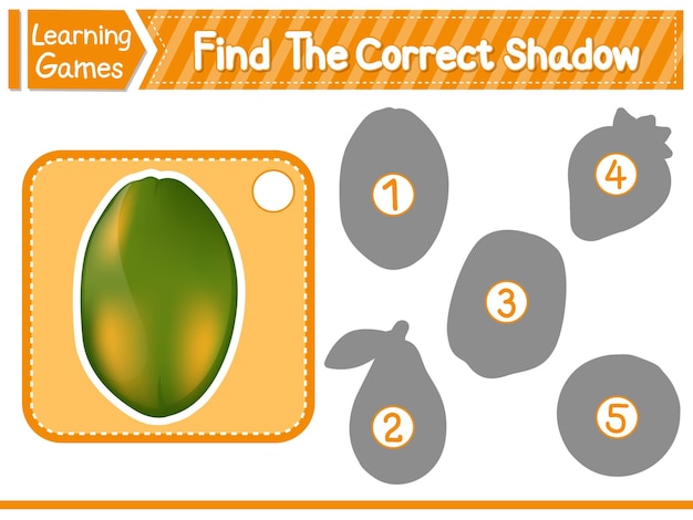 Find The Correct Shadow Find And Match The Correct Shadow Of Papaya Kids Educational Game Printable Worksheet Vector Illustration