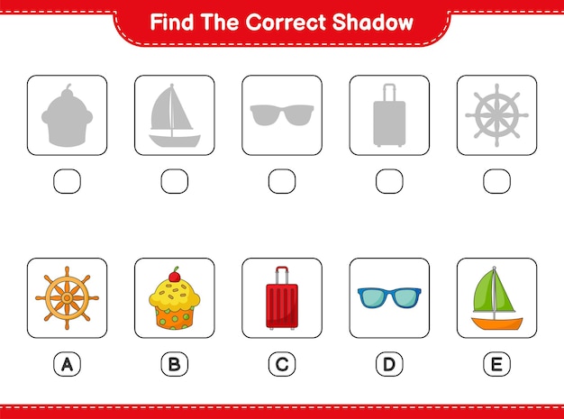 Find the correct shadow. Find and match the correct shadow of Ship Steering Wheel, Cup Cake, Sailboat, Sunglasses, and Travel Bag. Educational children game, printable worksheet, vector illustration