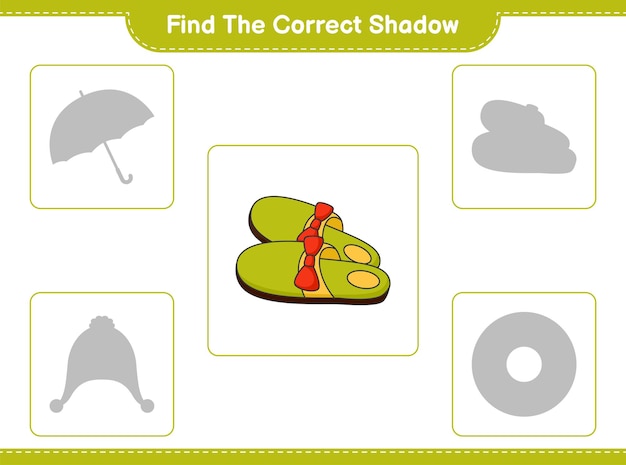 Find the correct shadow. Find and match the correct shadow of Slippers. Educational children game, printable worksheet, vector illustration