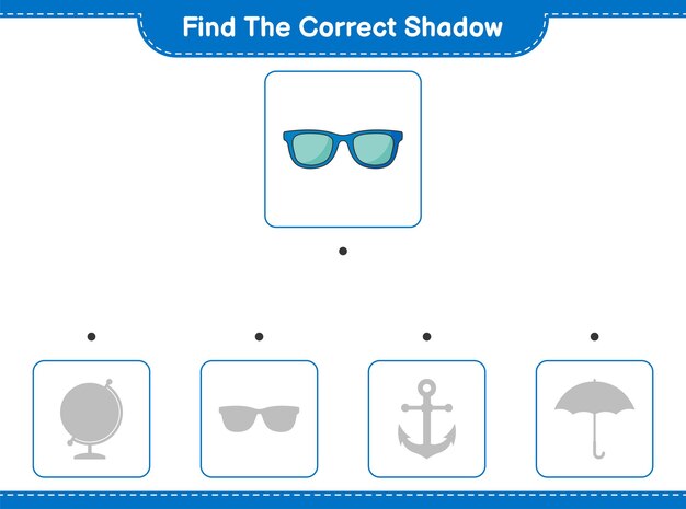 Find the correct shadow. Find and match the correct shadow of Sunglasses. Educational children game, printable worksheet, vector illustration