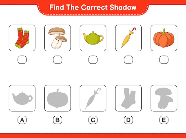 Find the correct shadow. Find and match the correct shadow of Teapot, Umbrella, Pumpkin, Socks, Shiitake. Educational children game, printable worksheet, vector illustration