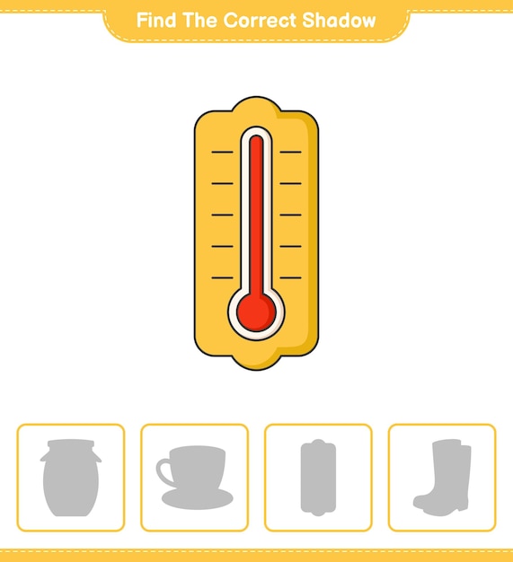 Find the correct shadow. Find and match the correct shadow of Thermometer. Educational children game, printable worksheet, vector illustration