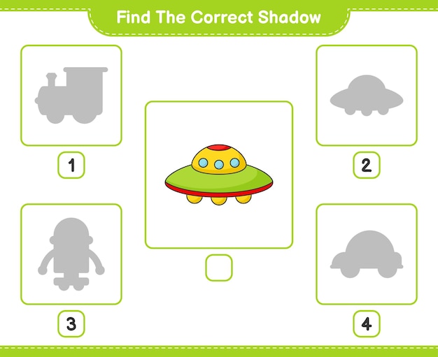 Find the correct shadow Find and match the correct shadow of Ufo Educational children game printable worksheet vector illustration