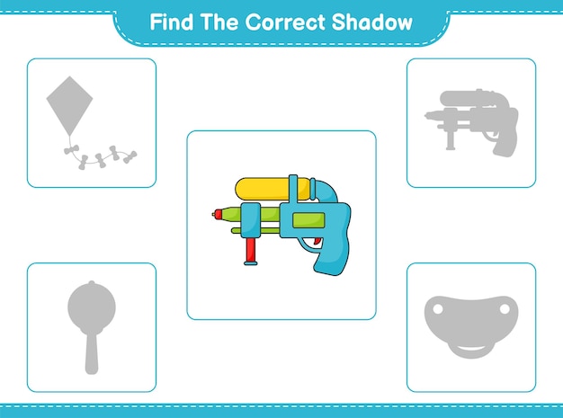 Find the correct shadow Find and match the correct shadow of Water Gun Educational children game printable worksheet vector illustration