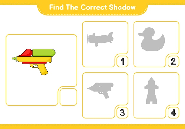 Find the correct shadow Find and match the correct shadow of Water Gun Educational children game printable worksheet vector illustration