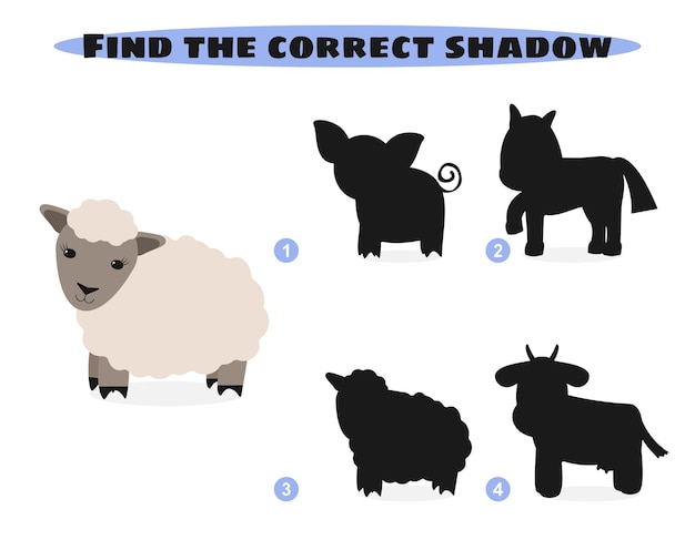 Find correct shadow. Funny cartoon farm animals. Education and activity game for children.