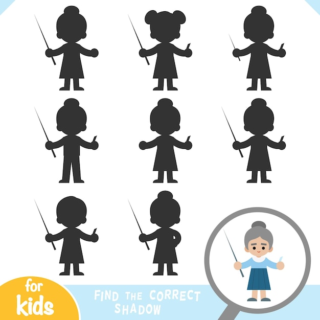 Find the correct shadow game for children Teacher woman with a pointer and chalk in hands