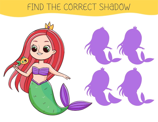 Find correct shadow game with mermaid Educational game for children Shadow matching game