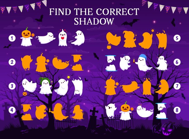 Vector find correct shadow of halloween ghosts kids game