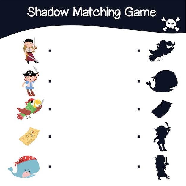 Find the correct shadow. Kids educational game. Cute adorable pirate items. Vector illustration.