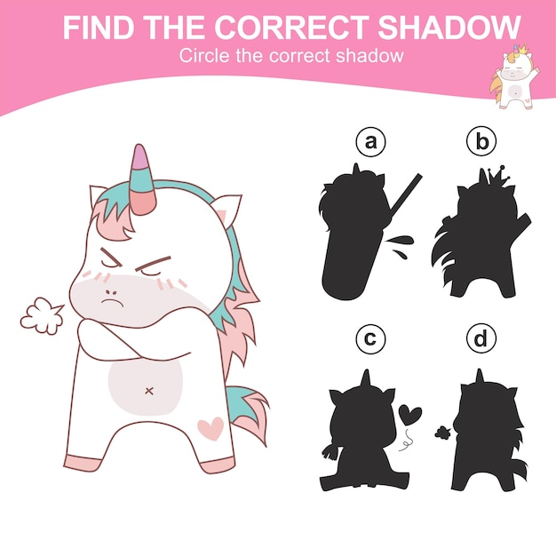 Find the correct shadow Matching unicorn shadow game for children Worksheet for kid Vector File