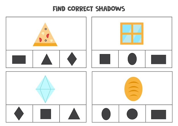 Find correct shadow of objects. Printable clip card games for children.