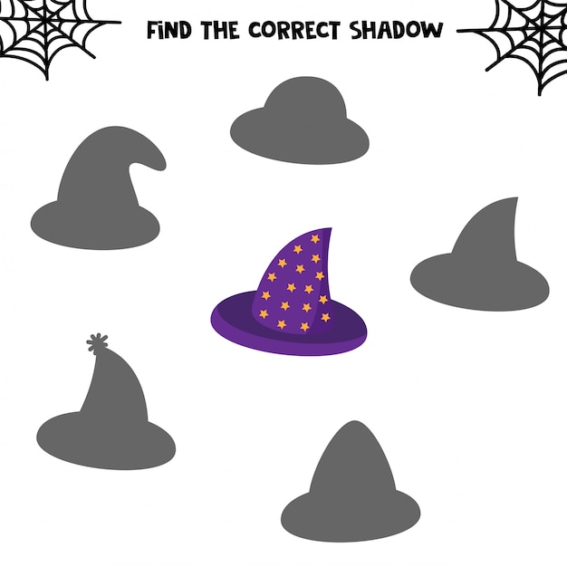 Find the correct shadow. Set of cute hats. Educational game for kids. Printable worksheet for halloween