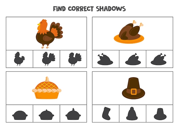 Find correct shadow of Thanksgiving items Printable clip card games for children