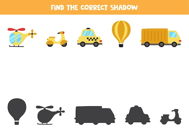 Find the correct shadow of transportation means. Educational logical game for kids.