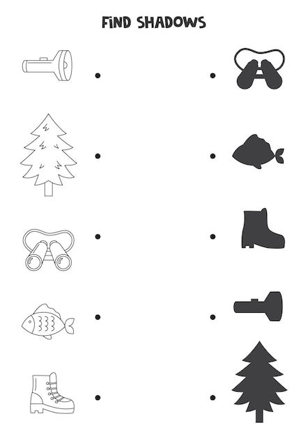 Find the correct shadows of black and white camping elements Logical puzzle for kids