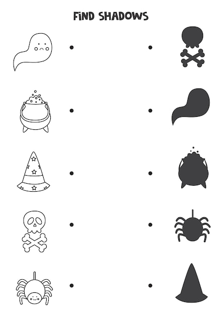 Find the correct shadows of black and white Halloween pictures. Logical puzzle for kids.