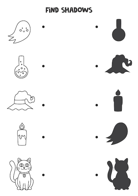 Find the correct shadows of black and white Halloween pictures. Logical puzzle for kids.