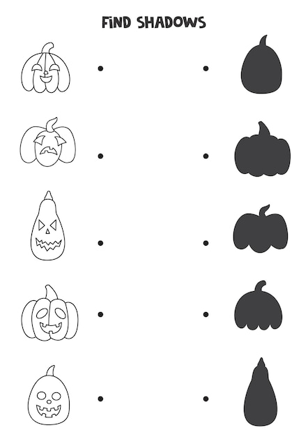 Find the correct shadows of black and white Halloween pumpkins. Logical puzzle for kids.