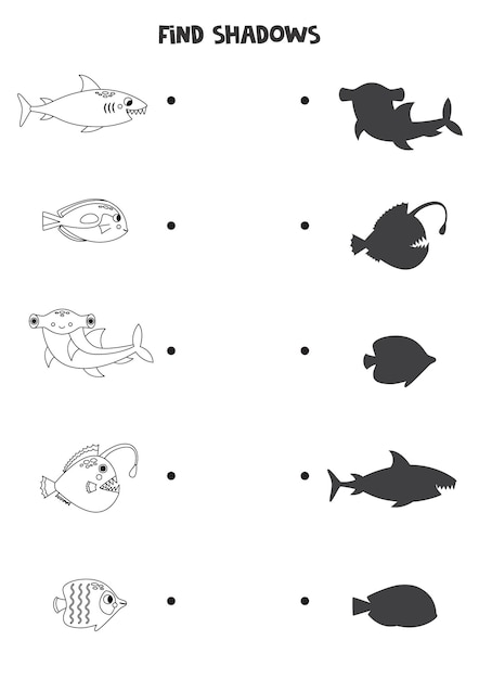 Find the correct shadows of black and white sea animals Logical puzzle for kids