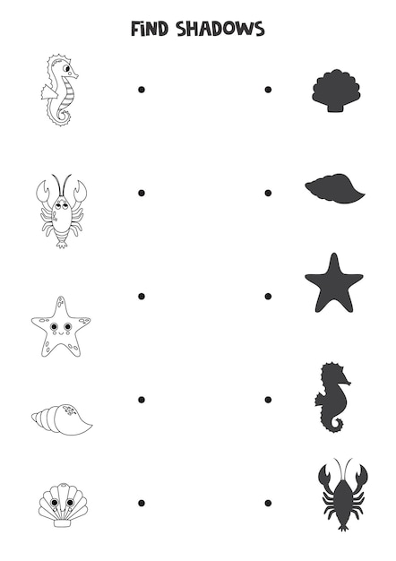 Find the correct shadows of black and white sea animals Logical puzzle for kids