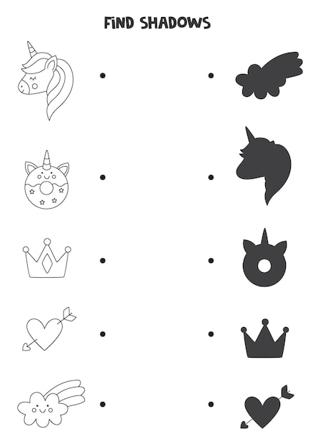 Find the correct shadows of black and white unicorn elements. Logical puzzle for kids.