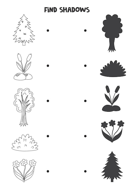 Find the correct shadows of black and white woodland animals Logical puzzle for kids