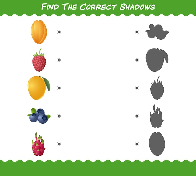 Find the correct shadows of cartoon fruits. Searching and Matching game. Educational game for pre shool years kids and toddlers